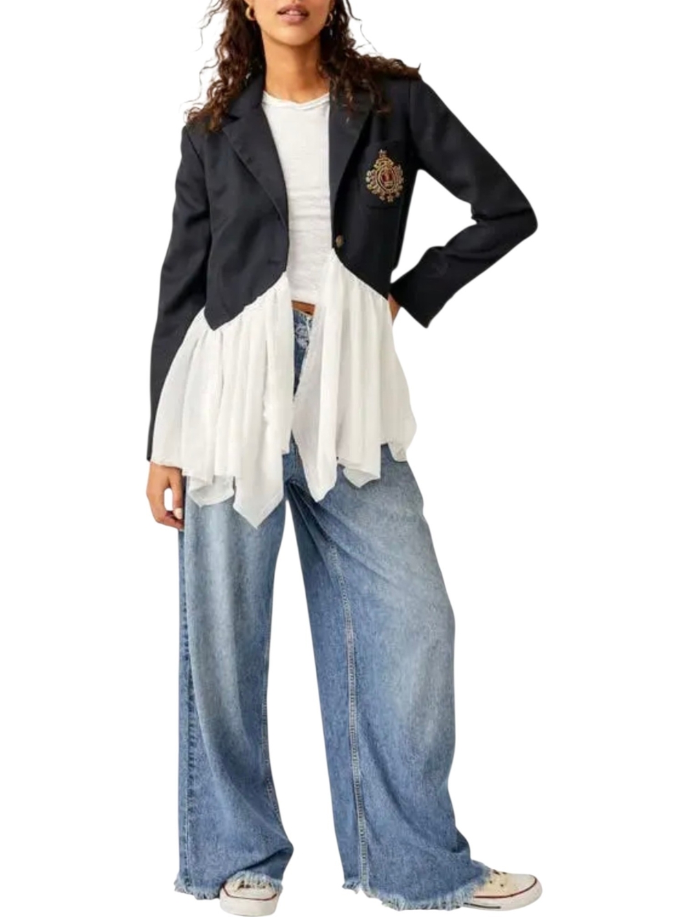 Free People Ballet School Blazer Navy Embroidered Crest Chiffon Boho Preppy L